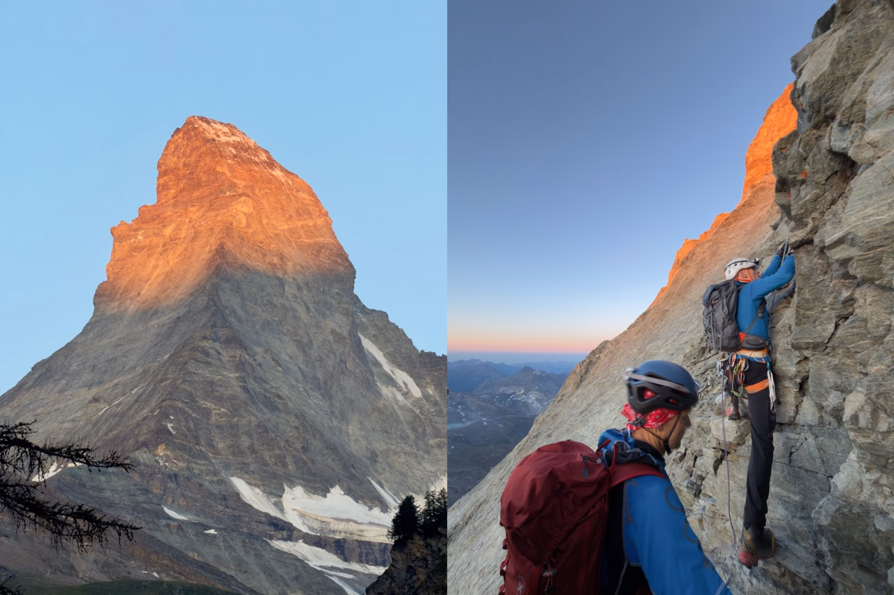 First light on the Matterhorn from two different perspectives. On the left, as seen from Zermatt at 5:40 a.m. on the 7 July, and on the right from 4,000 metres up the mountain in the following days.