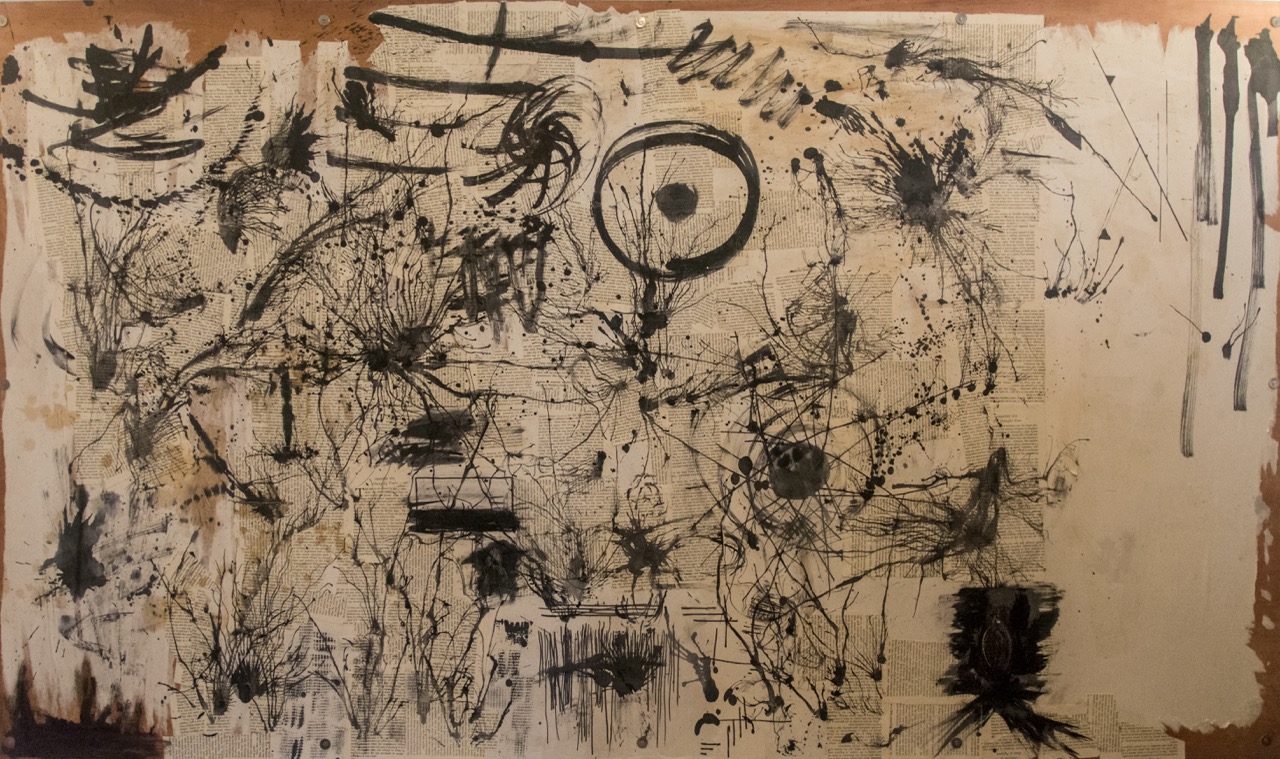 abstract dark and moody mural, consisting of multiple scenery on one mural, using a variety of black ink, upcycled printed paper and against a plywood back, 2016