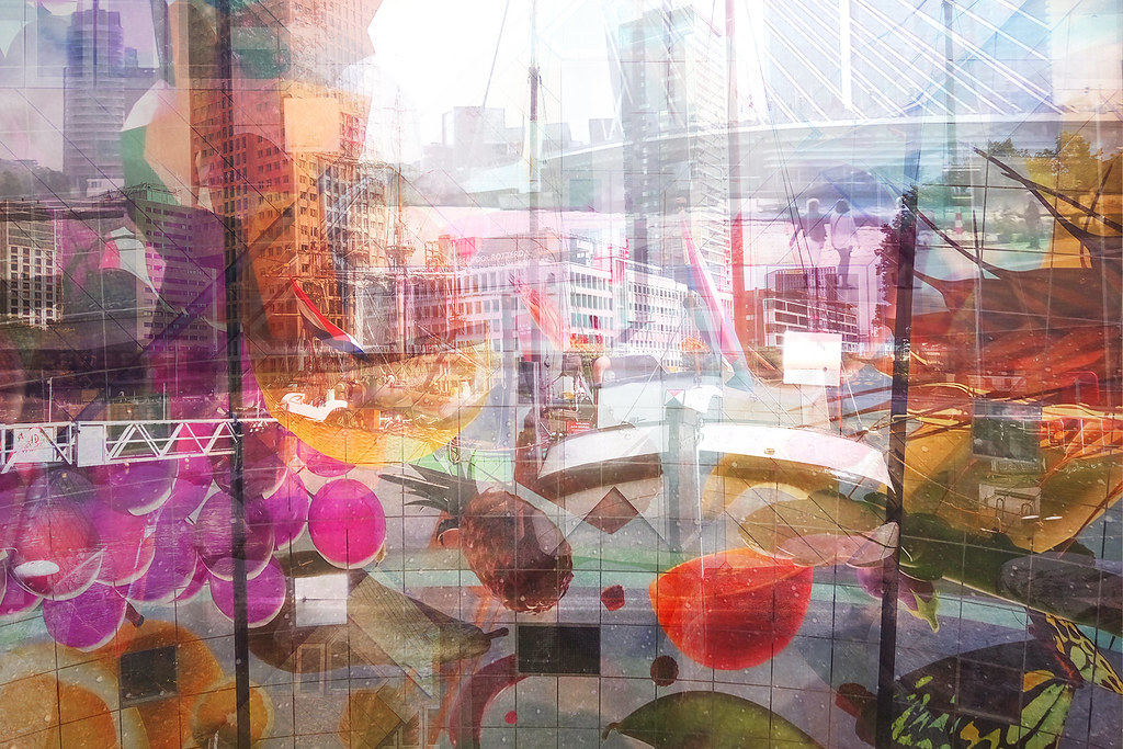 Vivid multiple exposure collage of Rotterdam or Amsterdam skyline with street art and colourful fragments, Netherlands memory series