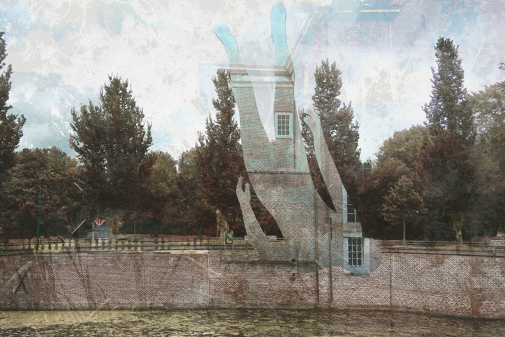 Double exposure of Dutch monument and trees, layered architectural memory, Netherlands"