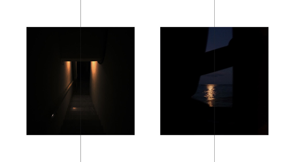 Off-centre wall light against dark exterior, night, symmetry and perception study