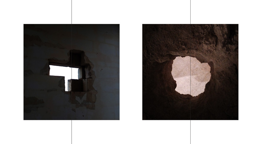 Irregular cave or aperture opening, bright light beyond, perception series