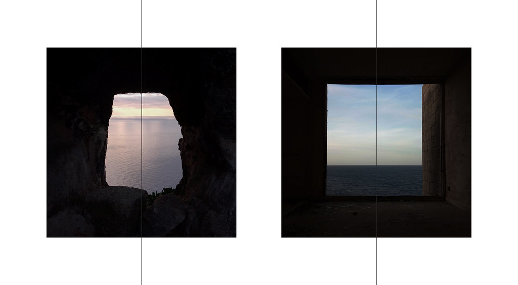 Square window cut in thick wall, sea and sky framed, Maltese architecture