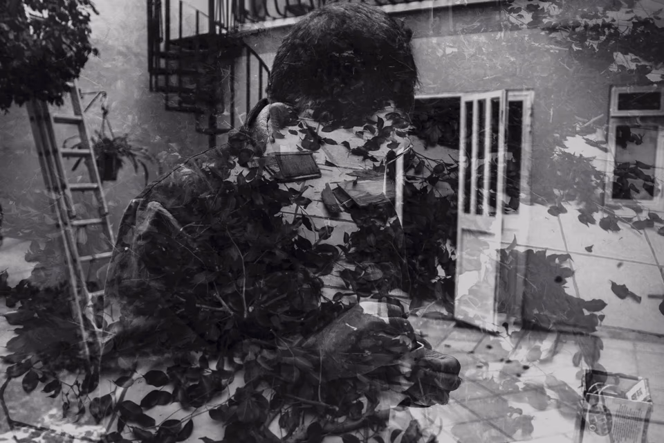 Double exposure, black and white, man gardening, conceptual digital photography, 'Linji Sfużi' - a collection of short stories and photography