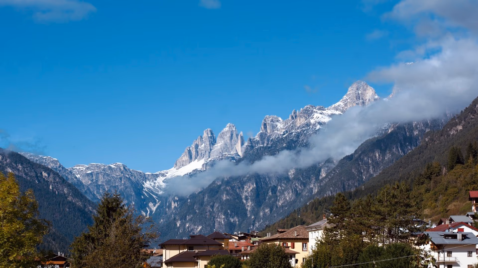 Vertical rock towers against clear alpine sky, Dolomites, Cortina d'Ampezzo, 2024, digital photography