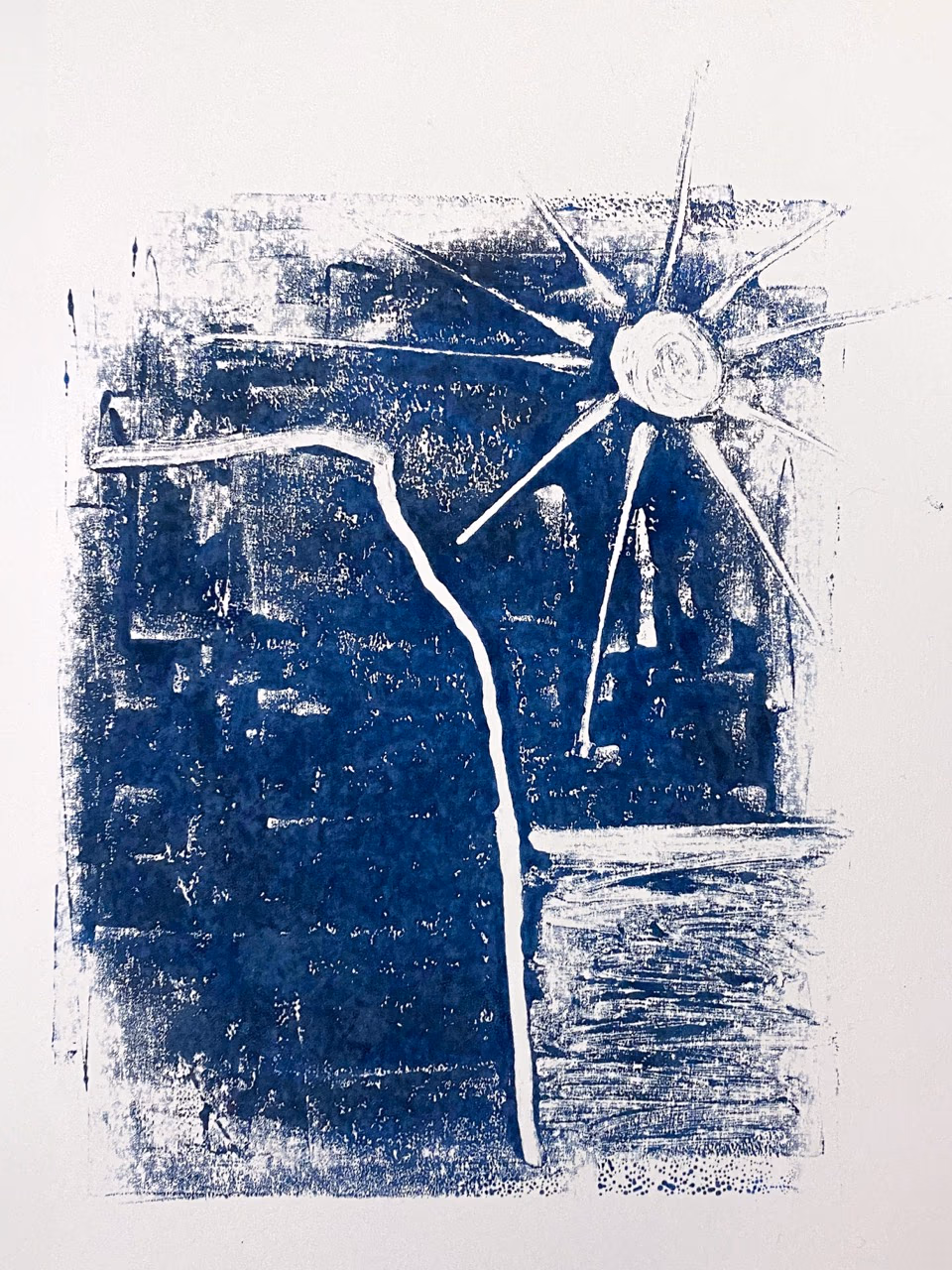 Monotype print, Gozo's highest cliffs at Ta' Saguna, Ta' Cenc cliffs, with a scorching sun and reflection in the distant sea, Ta' Cenc, Gozo, Malta