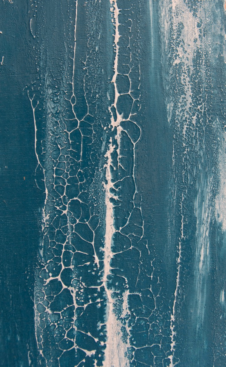 Abstract scene depicting a posedonia meadow seagrass against a light blue azure sea, acrylics on plywood, 2017