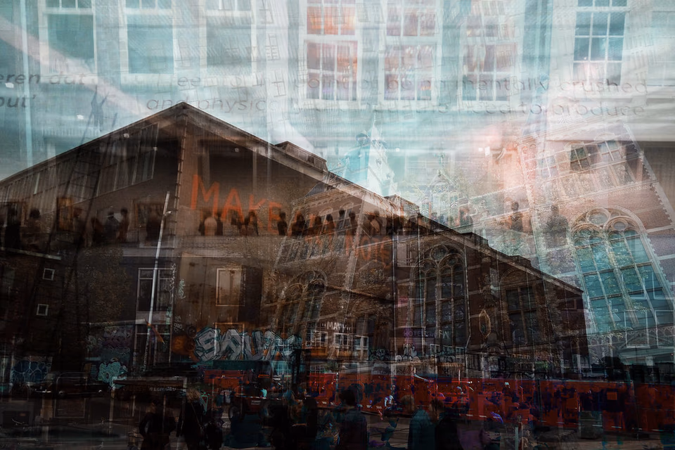 Layered multiple exposure of Amsterdam warehouse, crowd and glazed facade, urban memory collage