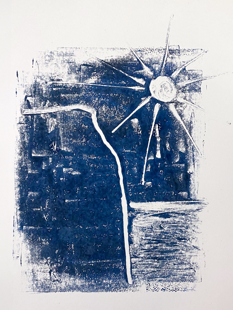 Monotype print, Gozo's highest cliffs at Ta' Saguna, Ta' Cenc cliffs, with a scorching sun and reflection in the distant sea, Ta' Cenc, Gozo, Malta