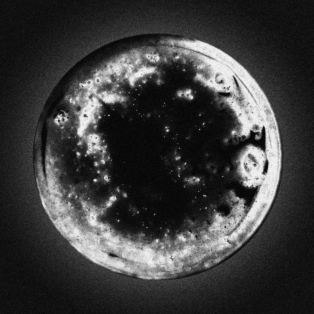 Cratered abstract planet surface from coffee residue, experimental photography, digital media, 2013-2016